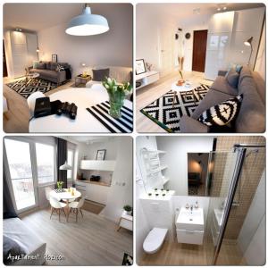 eine Collage mit vier Bildern eines Wohnzimmers in der Unterkunft Apartament Horizon in Gdynia