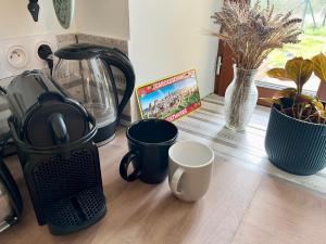 a counter with cups and a coffee maker and plants at La bergerie - Paisible vue lac et montagne in Molleville +14 photos