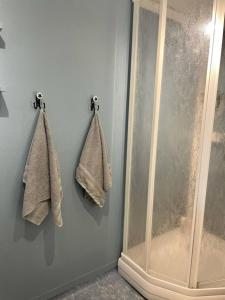 bagno con doccia e asciugamani appesi a una parete di Fredvang holiday house, Lofoten a Fredvang