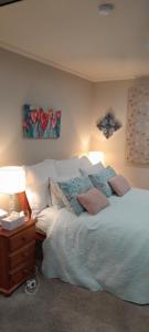 a bedroom with a bed and a table with a lamp at Hillview Homestay in Richmond