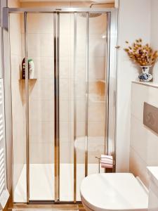 e bagno con servizi igienici e cabina doccia. di Maison au coeur de MARCOLES, 2ch, 4pers, jardin a Marcolès Altre 21 foto