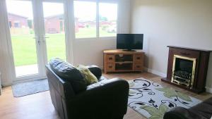 a living room with a couch and a tv and a fireplace at 6 Berth pet friendly Chalet in Mablethorpe
