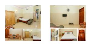 three pictures of a hospital room with a bed and a room with a table at Khách Sạn Cao Hải in Cao Bằng