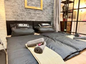 BurbachFemo Ziegelei - tiny Loft - separater Eingang - Parkplatz的一组四张床位于一间房间内