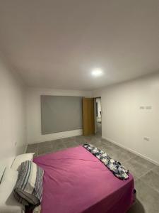 1 dormitorio con 1 cama de color púrpura en una habitación en Casa barrio Las Lomas 2, en Monte Hermoso