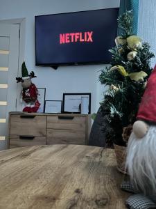 Televízia a/alebo spoločenská miestnosť v ubytovaní Réz Apartmanok Gyula