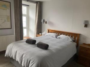 a bedroom with a white bed with two pillows on it at Ashes Seafood Restaurant Accommodation in Dingle