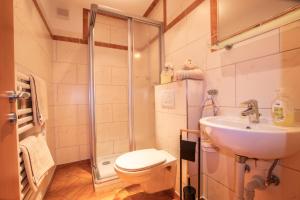 łazienka z toaletą, umywalką i prysznicem w obiekcie Ferienwohnung bis 4 Personen in Traumlage mit Kaiserblick by FeWo-Plan WILD190 w mieście Thierbach +18 zdjęć