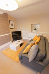 a living room with a couch and a television at Large clifton one bed flat and parking in Bristol