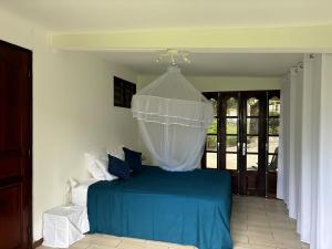 La Maison de Marie, 2 chambres, spacieuse et confortable في سانت لويس: غرفة نوم بسرير ازرق مع مظلة