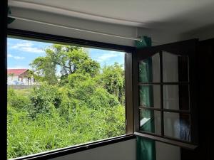 La Maison de Marie, 2 chambres, spacieuse et confortable في سانت لويس: نافذة مطلة على غابة خضراء
