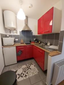 a small kitchen with red cabinets and a sink at Le Petit Saint-Georges, centre historique in Villefranche-de-Rouergue