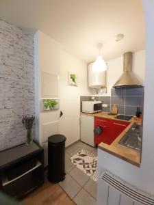 a small kitchen with a sink and a microwave at Le Petit Saint-Georges, centre historique in Villefranche-de-Rouergue