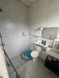 ein Badezimmer mit Dusche, Toilette und Waschbecken in der Unterkunft Centro caiçara in Praia Grande + 3 Fotos