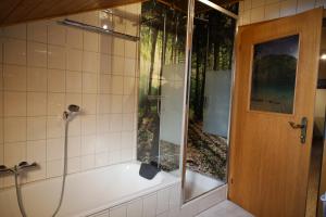 una doccia con una porta in vetro in un bagno di Erholung am Lehmooserhof a Gnadenwald Altre 31 foto