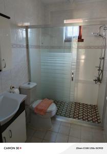 a bathroom with a shower with a toilet and a sink at Beach House Apartment in Side