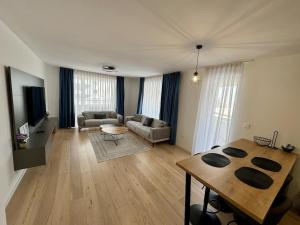 サラエボにあるLux Sarajevo Waves 2bdr apartment with private parkingのテーブルとソファのあるリビングルーム
