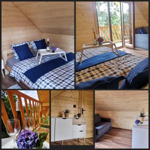 a collage of pictures of a room with a bed at Domek nad jeziorem in Olszyna +8 photos