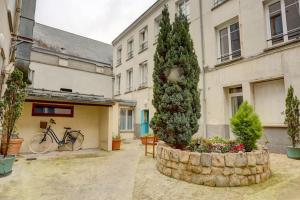 a christmas tree in a pot in front of a building at Le Courcillon Calme, Cour privée & Proche Château in Versailles +5 photos