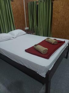 安君纳Ocean View Cottages的一张带两条毛巾的床和绿色窗帘