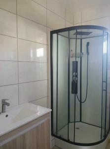 a shower with a glass door next to a sink at Petite Villa duplex à Green Village in Goodlands