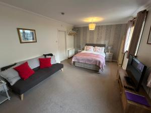 a bedroom with a bed and a couch and a tv at Elderslie Guest House in Oban