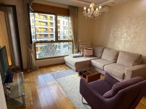 a living room with a couch and a tv at Central Garden modern 1 bedroom condominium complex in Belgrade