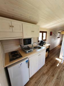 a small kitchen with white cabinets and a sink at La roulotte de Rochavelle in Chiché +7 photos