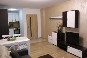 a living room with a couch and a television at Perspective View in Veliko Tŭrnovo