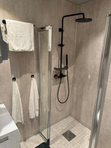 a shower in a bathroom with a glass shower stall at FjordView in Stranda