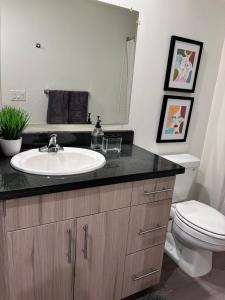 a bathroom with a sink and a toilet and a mirror at Wildrose Villas in Brownsville