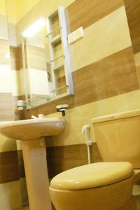 a bathroom with a toilet and a sink and a mirror at kosala appartment in Weligama