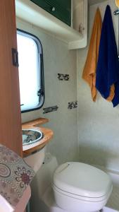 a small bathroom with a toilet and a sink at Calima Glamping- Cozy Camper Retreat in Tefía +22 photos