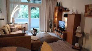a living room with a couch and a television at Ferienperle-Bad-Harzburg-mit-Schwimmbad-und-Sauna in Bad Harzburg