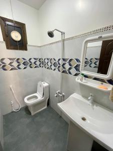 Comfortable 1 & 2 Bedroom Apartment in DHA by Virani في كراتشي: حمام مزود بمرحاض ومغسلة ومرآة