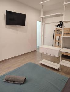 a living room with a rug and a tv on a wall at Gaeta rHOMEo in Gaeta