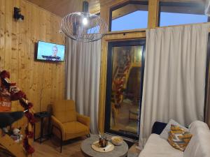 a living room with a couch and a chair and a television at Kiełpińska Stodoła in Rynek