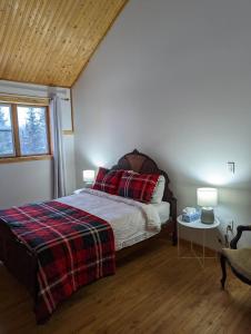 a bedroom with a bed with a plaid blanket and two lamps at Auberge Carcajou in Saint-David-de-Falardeau