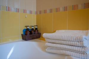 a bathroom with a bath tub with towels on the floor at A casa di Gio e Fede in Rimini +32 photos