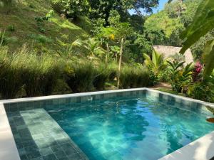 a swimming pool in the middle of a garden at Canto Tayrona Ecolodges in Buritaca
