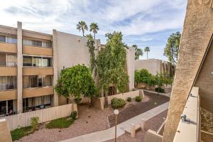an apartment building with trees and benches in front of it at Modern Condo - Get to Old Town in Minutes! in Scottsdale