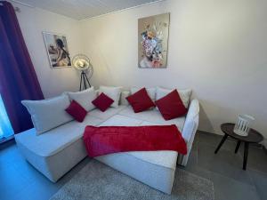 a living room with a white couch with red pillows at Maison bel-étage à Wavre in Wavre