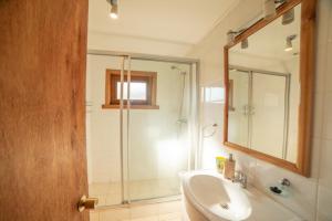 a bathroom with a shower and a sink and a mirror at Cabañas Neyén in Malalcahuello +20 photos