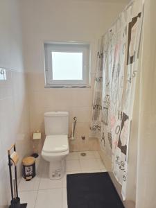 a small bathroom with a toilet and a window at Casa do Cruzeiro - Favaios in Favaios