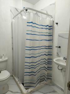 图卢姆ME FACINAS TULUM dianis的带淋浴的浴室，配有蓝白色浴帘