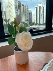 uma flor branca num vaso sobre uma mesa com uma janela em Luxo&Confort Hotel Av Ibirapuera em São Paulo mais 27 fotografias