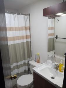 a bathroom with a toilet and a sink at Casa Centrica Pucón in Pucón