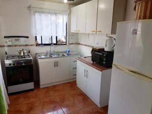 a kitchen with white cabinets and a sink and a refrigerator at Cabaña el Diuco in Coñaripe