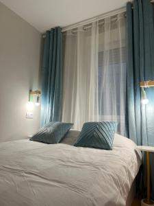 a bedroom with a large bed with blue curtains at Visita Zaragoza in Zaragoza +33 photos