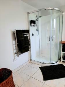 una doccia in vetro in bagno con tappeto nero di Whakatā Place a Motueka